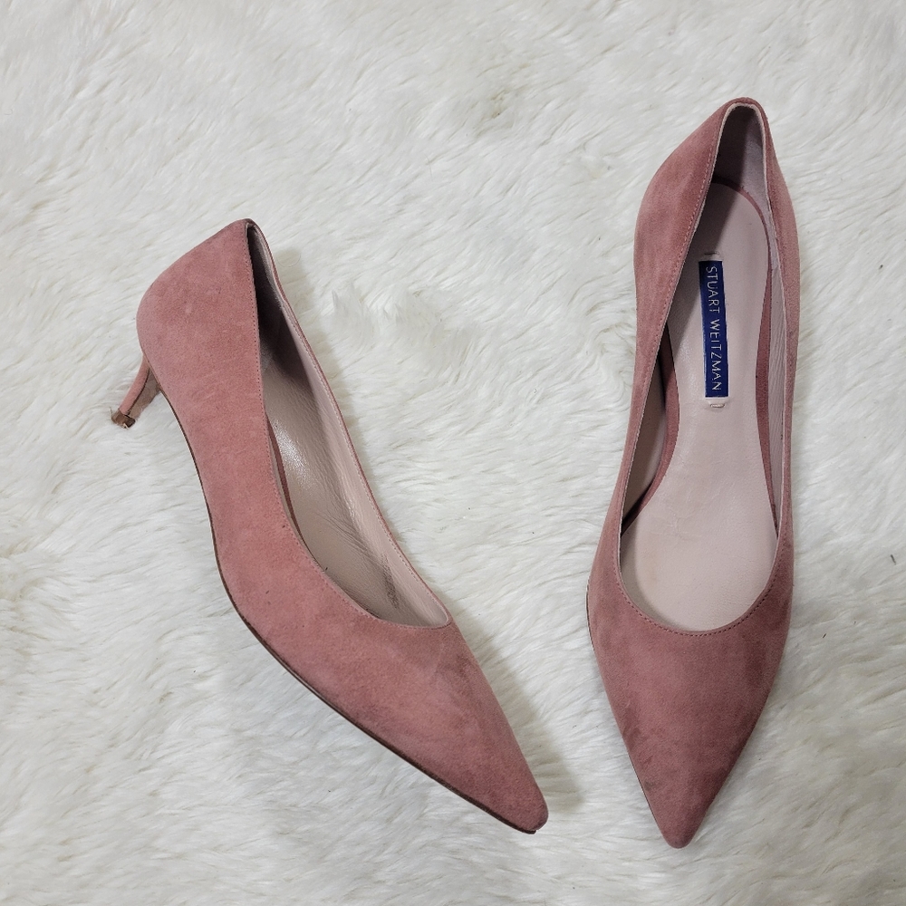 Stuart Weitzman Tippi pointed toe blush pink suede kitten heel pumps size 6.5